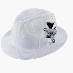 STACY ADAMS WHITE Belmont Fedora Poly Braid Pinch Front Hat SZ LARGE 7. 1/4